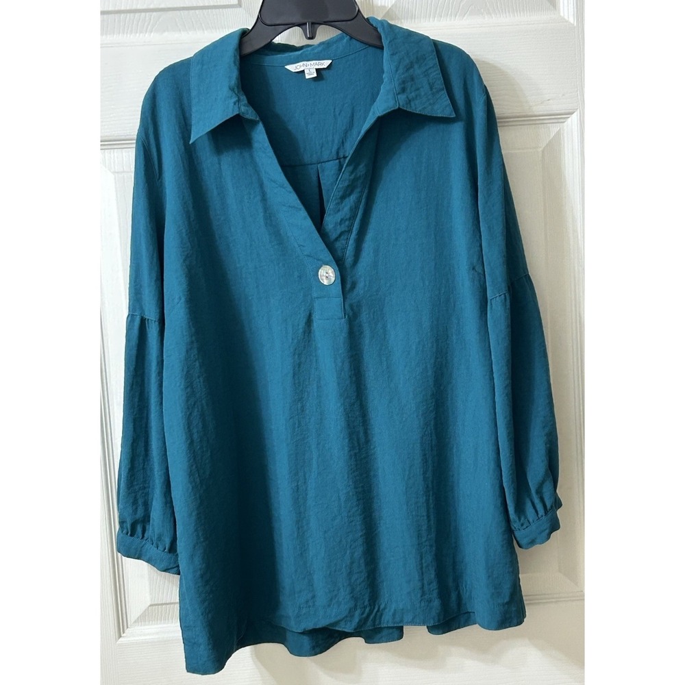 John Mark Women's LG Teal V-Neck Peacok Collared Tunic Lagenlook EUC